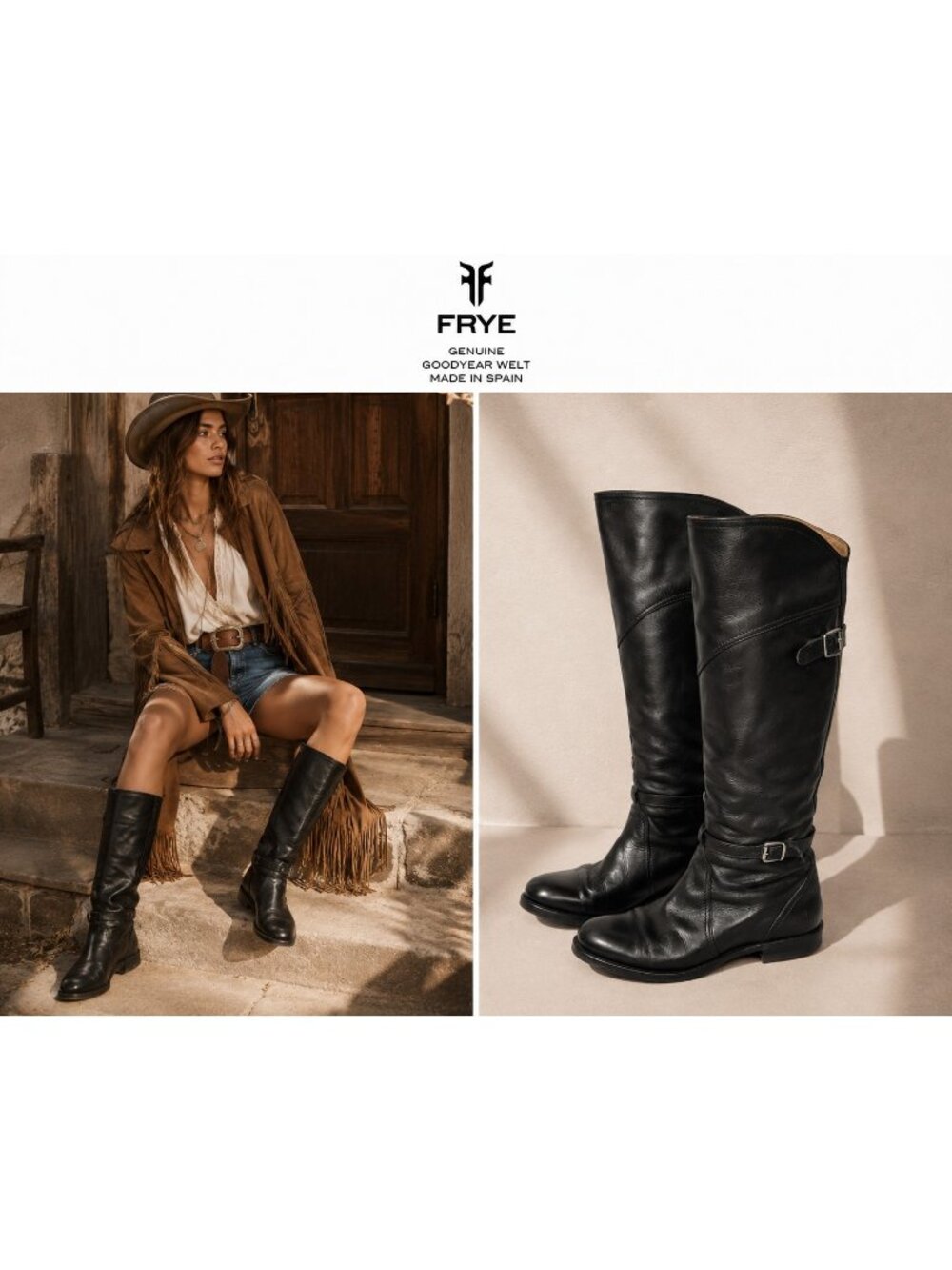 FRYE Black Leather Tall Riding Boots Size 8 Made in Spain Goodyear Welt Buckle